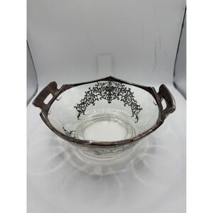 Vintage Silver Overlay Glass Candy Nut Bowl Floral Filigree Double Handle 6.5in